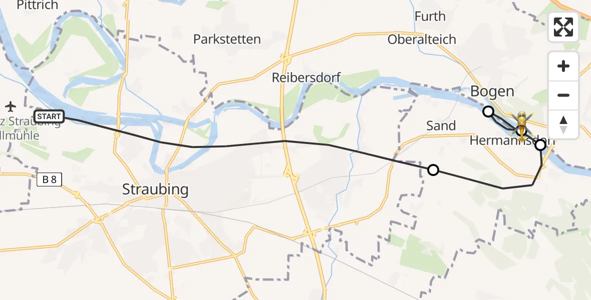 Flugroute Rettungshubschrauber Straubing - Bogen, 04 Mai 2026, 06:05