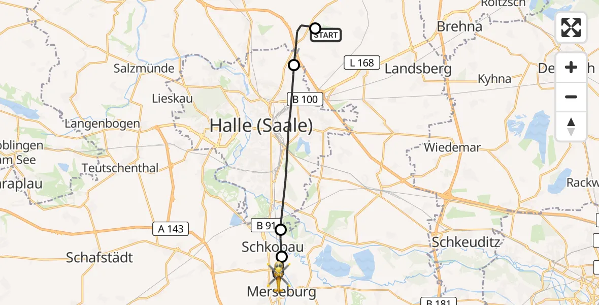 Flugroute Rettungshubschrauber Halle-Oppin Flugplatz - Merseburg, 04 Mai 2026, 06:05