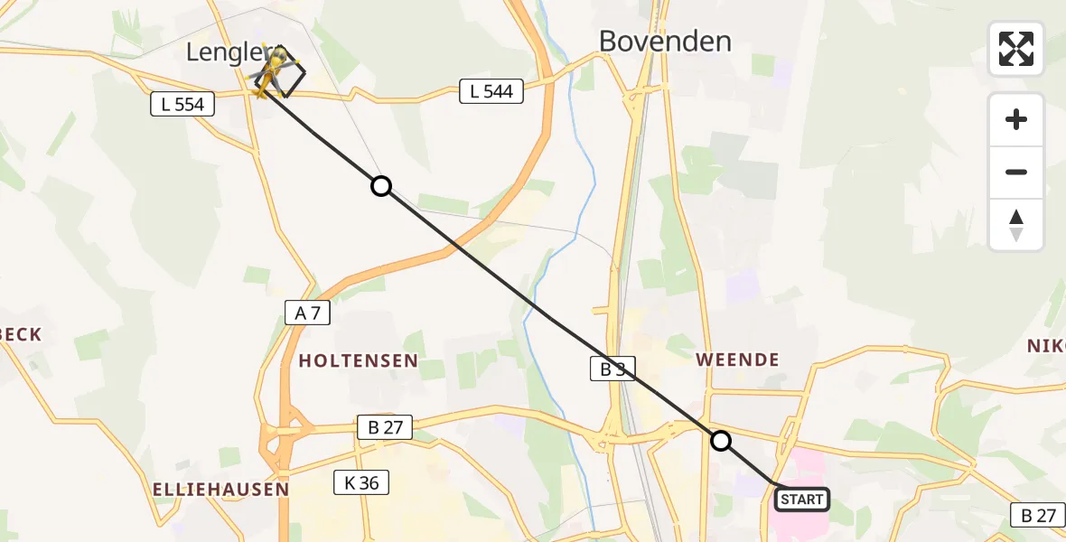 Flugroute Rettungshubschrauber Göttingen University Clinic Hubschrauberlandeplatz - Bovenden, 04 Mai 2026, 06:10