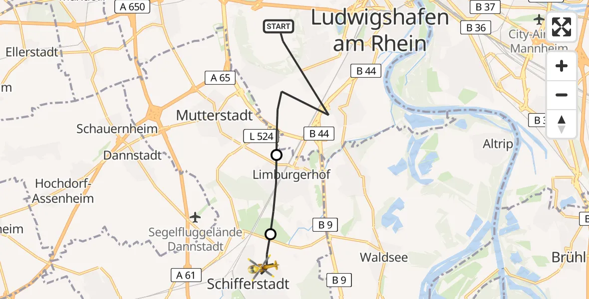 Flugroute Rettungshubschrauber Ludwigshafen am Rhein - Schifferstadt, 04 Mai 2026, 06:11