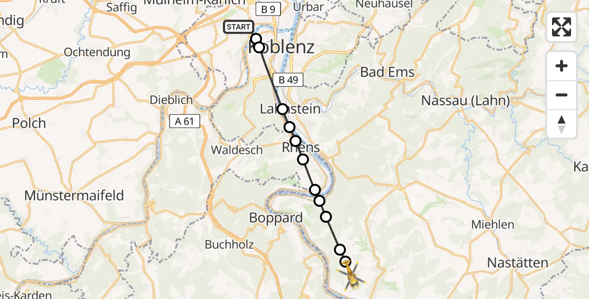Flugroute Rettungshubschrauber Koblenz - Kestert, 04 Mai 2026, 06:17