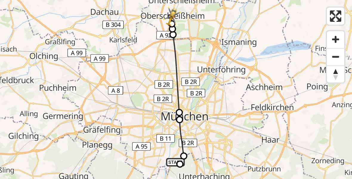 Flugroute Rettungshubschrauber ADAC Air Rescue Center Hubschrauberlandeplatz (Christoph 1) - Oberschleißheim, 04 Mai 2026, 06:17