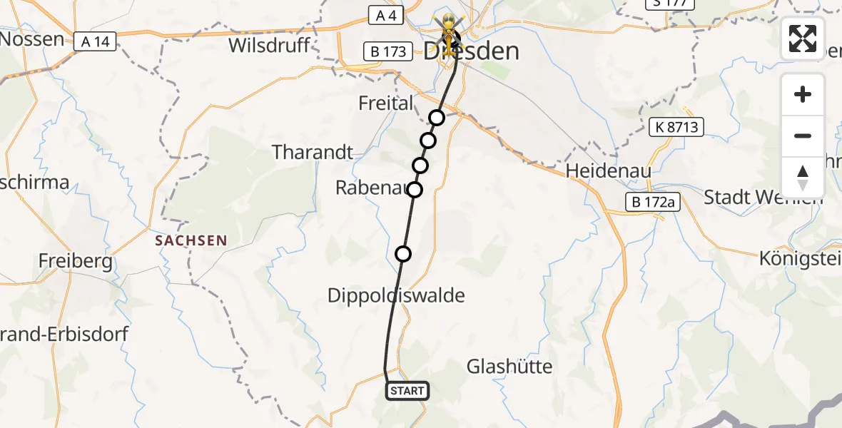 Flugroute Rettungshubschrauber Dippoldiswalde - Dresden Friedrichstadt Hospital, 04 Mai 2026, 06:31