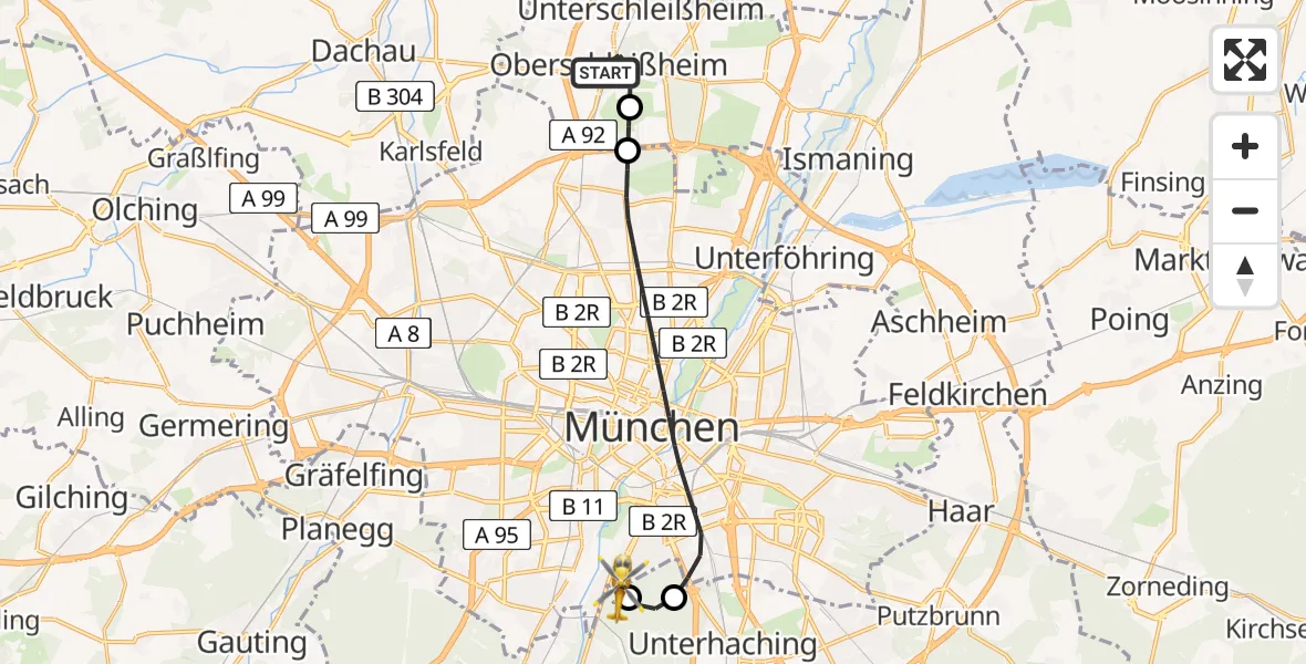 Flugroute Rettungshubschrauber Oberschleißheim - ADAC Air Rescue Center Hubschrauberlandeplatz (Christoph 1), 04 Mai 2026, 06:38