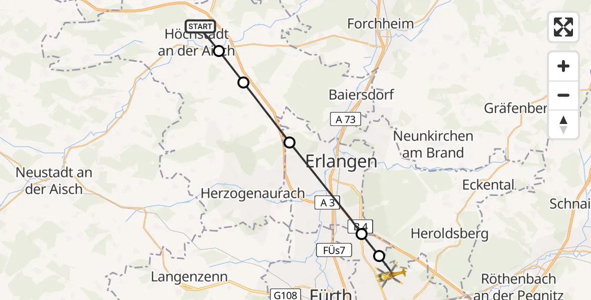 Flugroute Rettungshubschrauber Höchstadt a.d.Aisch - Flughafen Nuremberg, 04 Mai 2026, 06:54