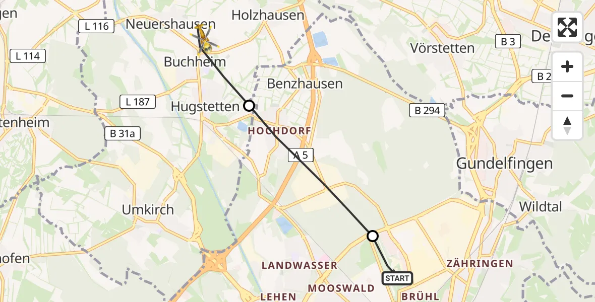 Flugroute Rettungshubschrauber Freiburg im Breisgau Flugplatz - March, 04 Mai 2026, 06:54