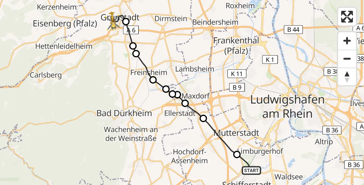 Flugroute Rettungshubschrauber Schifferstadt - Grünstadt, 04 Mai 2026, 06:54