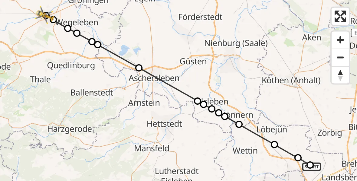 Flugroute Rettungshubschrauber Halle-Oppin Flugplatz - AMEOS Hospital Sankt Salvator Halberstadt Hubschrauberlandeplatz, 04 Mai 2026, 06:57