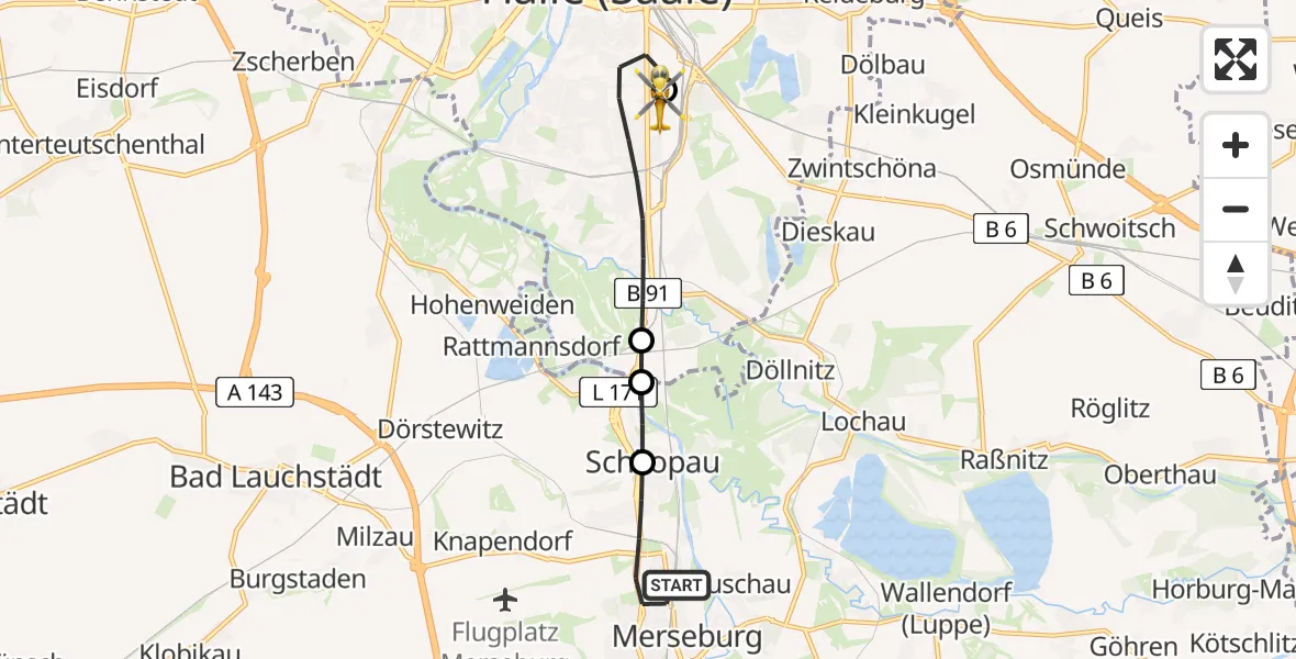 Flugroute Rettungshubschrauber Merseburg - BG Hospital Bergmannstrost Halle, 04 Mai 2026, 07:00
