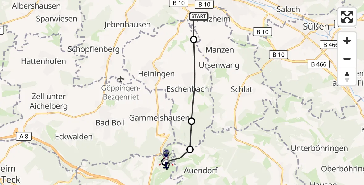 Flugroute Polizeihubschrauber Göppingen - Gruibingen-Nortel Flugplatz, 04 Mai 2026, 07:04