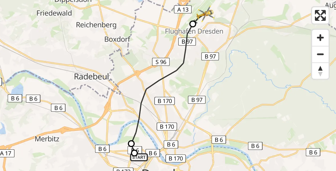 Flugroute Rettungshubschrauber Dresden Friedrichstadt Hospital - Dresden Bundespolizei Hubschrauberlandeplatz, 04 Mai 2026, 07:09