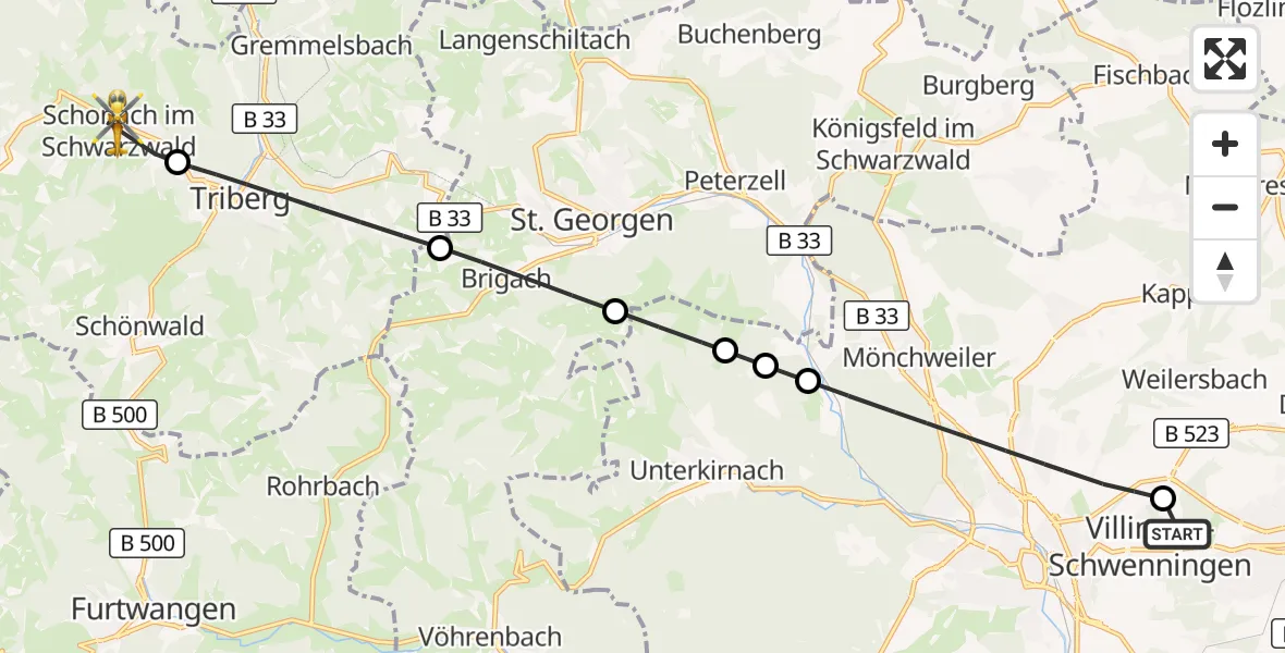 Flugroute Ambulanzhubschrauber DRF Air Rescue Station Villingen-Schwenningen Hubschrauberlandeplatz (Christoph 11) - Schonach im Schwarzwald, 04 Mai 2026, 07:12