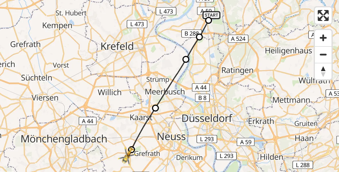 Flugroute Rettungshubschrauber Duisburg Air Rescue Hubschrauberlandeplatz (Christoph 9) - Korschenbroich, 04 Mai 2026, 07:12
