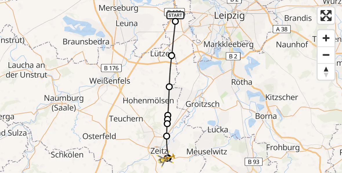 Flugroute Rettungshubschrauber Leuna - Zeitz Hospital, 04 Mai 2026, 07:21