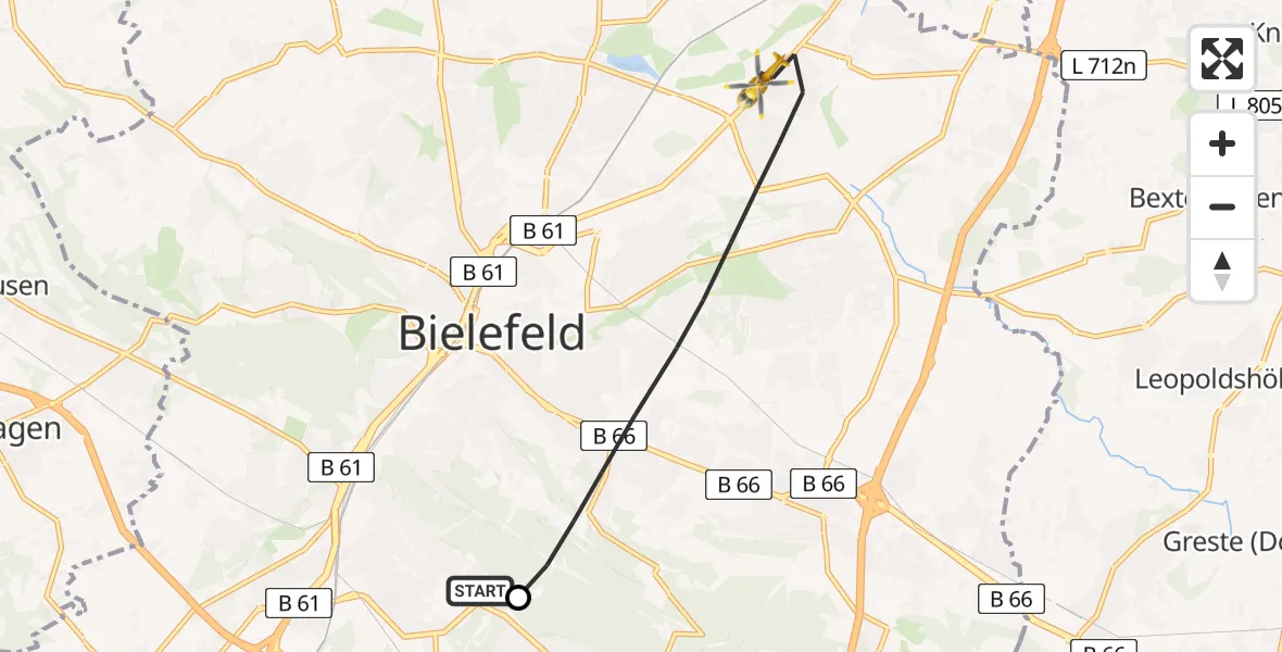 Flugroute Rettungshubschrauber Luftrettungszentrum Bielefeld - Bielefeld, 04 Mai 2026, 07:29