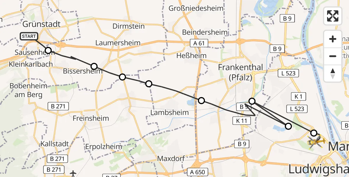 Flugroute Rettungshubschrauber Grünstadt - Ludwigshafen am Rhein, 04 Mai 2026, 07:31