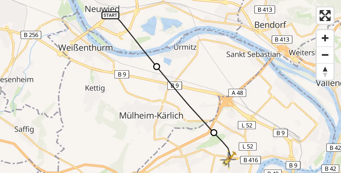 Flugroute Rettungshubschrauber Neuwied - Koblenz, 04 Mai 2026, 07:31