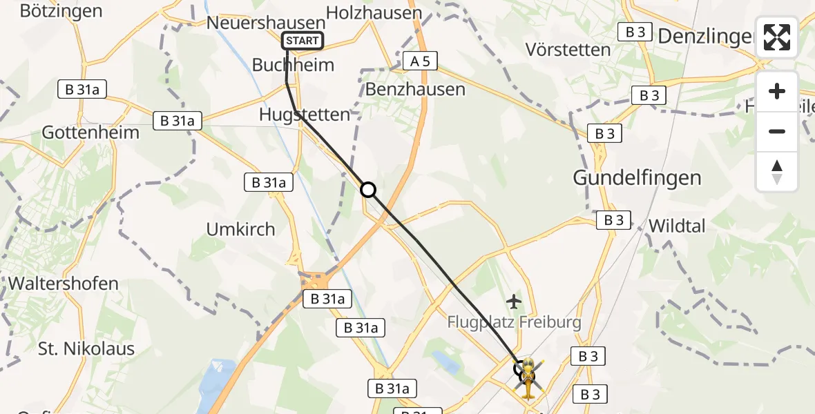 Flugroute Rettungshubschrauber March - Freiburg University Hospital Heliport 1, 04 Mai 2026, 07:31