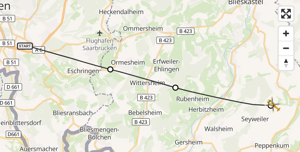 Flugroute Rettungshubschrauber Saarbrücken - Blieskastel, 04 Mai 2026, 07:32