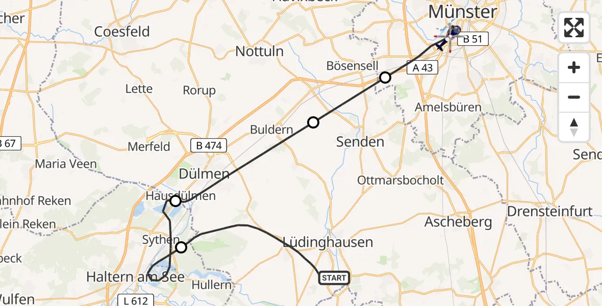 Flugroute Polizeihubschrauber Lüdinghausen - Münster, 04 Mai 2026, 07:37