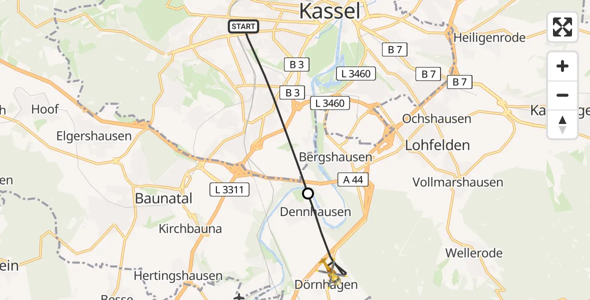 Flugroute Rettungshubschrauber Kassel - Fuldabrück, 04 Mai 2026, 07:39
