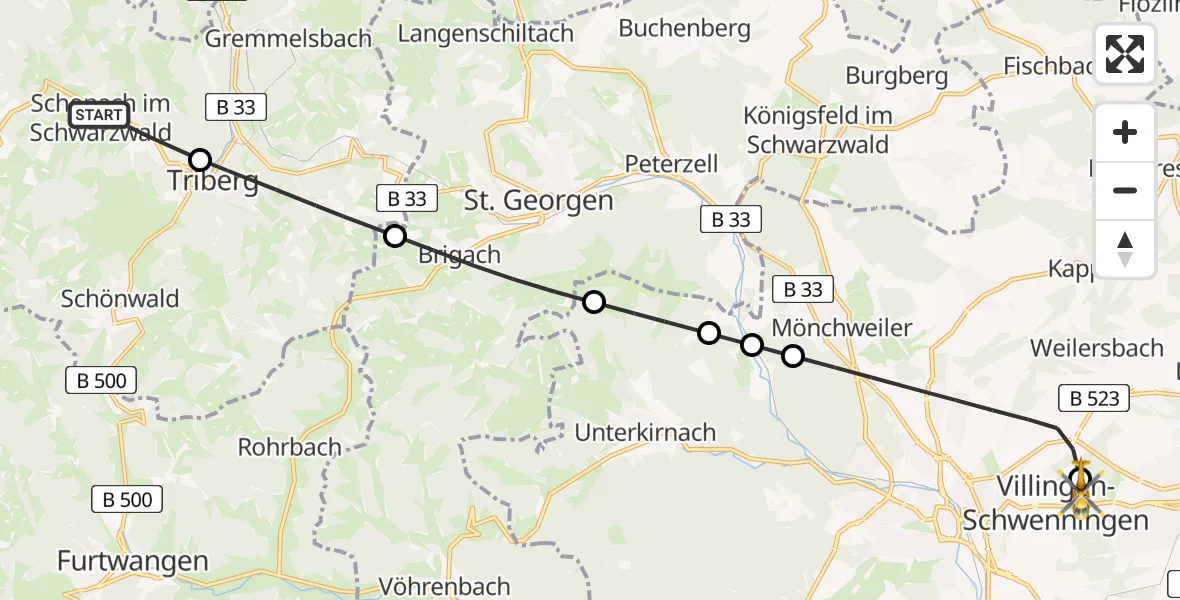 Flugroute Ambulanzhubschrauber Schonach im Schwarzwald - DRF Air Rescue Station Villingen-Schwenningen Hubschrauberlandeplatz (Christoph 11), 04 Mai 2026, 07:40
