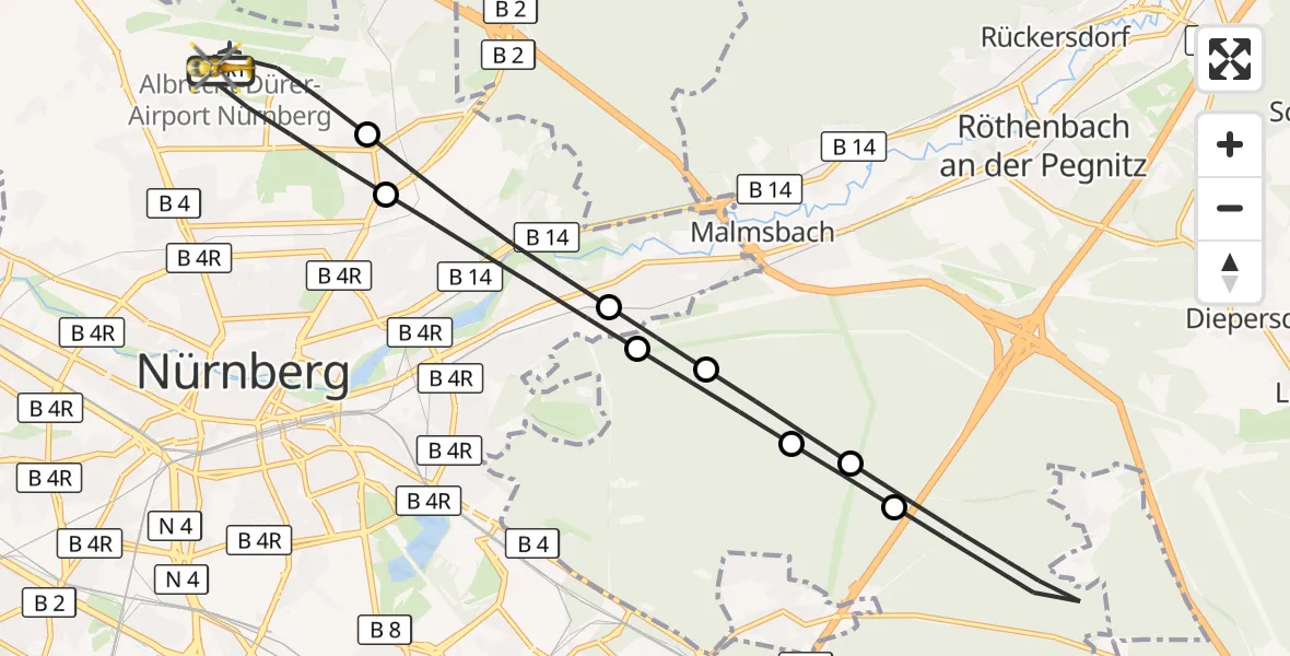 Flugroute Rettungshubschrauber Flughafen Nuremberg - Flughafen Nuremberg, 04 Mai 2026, 07:43