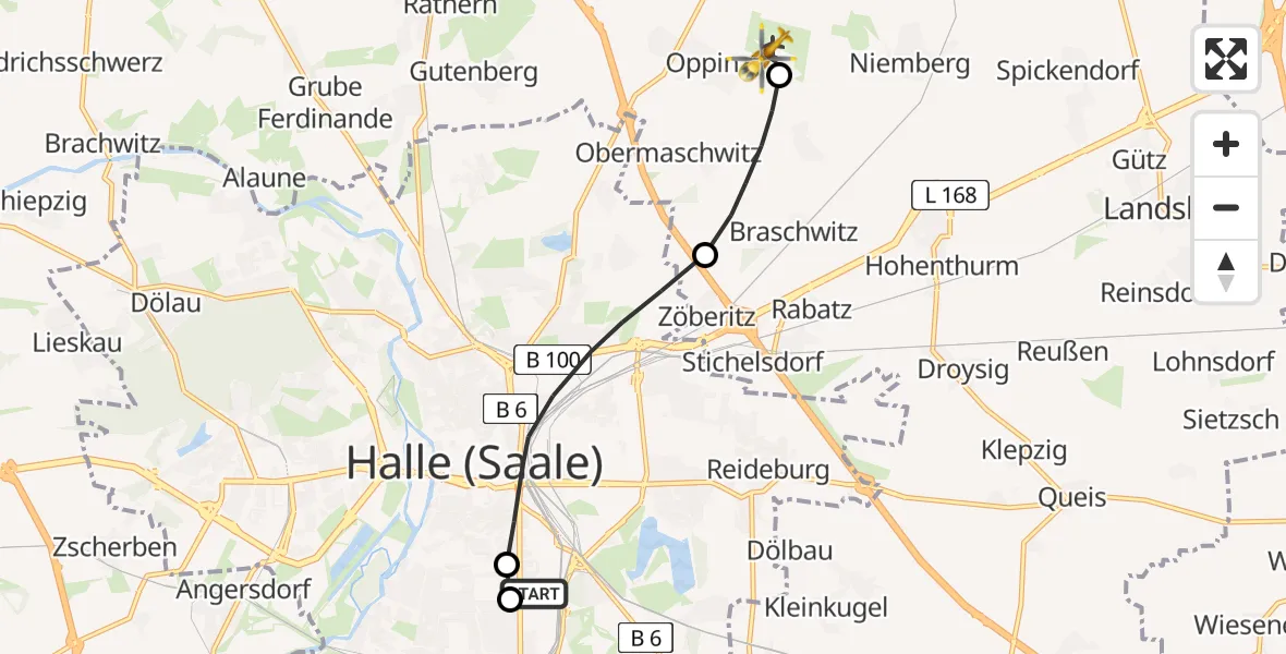 Flugroute Rettungshubschrauber BG Hospital Bergmannstrost Halle - Halle-Oppin Flugplatz, 04 Mai 2026, 07:45