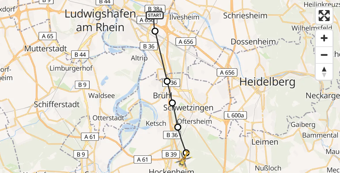 Flugroute Rettungshubschrauber Mannheim-City Flughafen - Hockenheim, 04 Mai 2026, 07:48