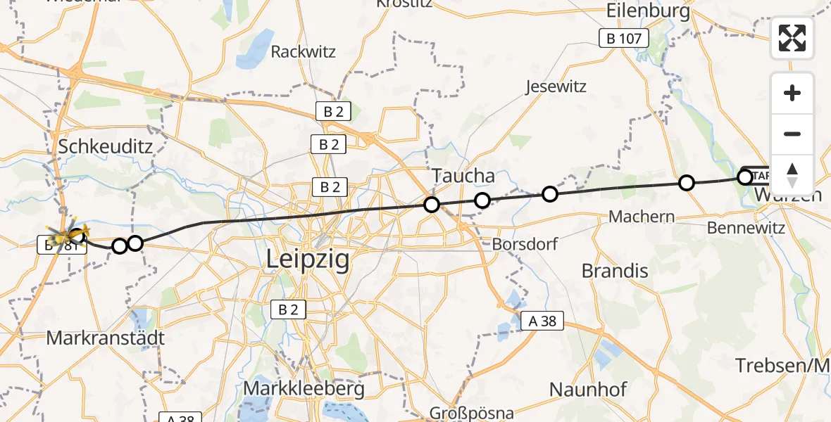 Flugroute Rettungshubschrauber Wurzen - ADAC Air Rescue Station Leipzig/Schkeuditz-Dölzig Hubschrauberlandeplatz (Christoph 61), 04 Mai 2026, 07:51