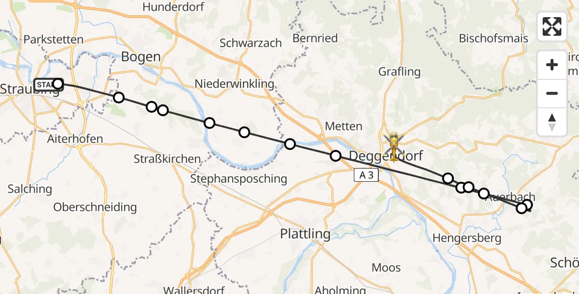 Flugroute Rettungshubschrauber Sankt Elisabeth Hospital Straubing - Deggendorf, 04 Mai 2026, 07:54