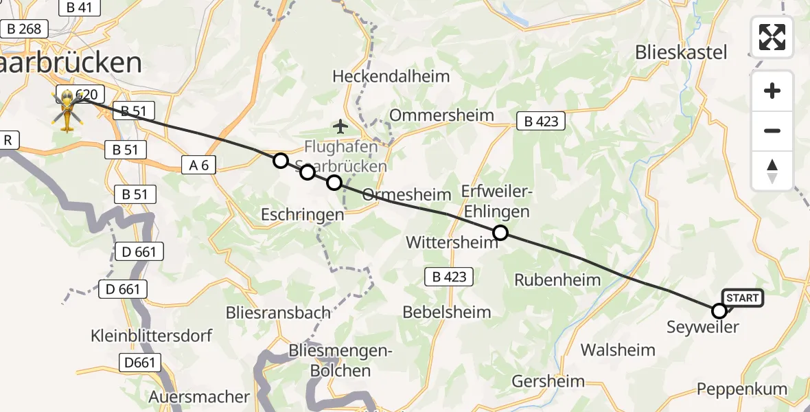 Flugroute Rettungshubschrauber Blieskastel - Saarbrücken, 04 Mai 2026, 08:01