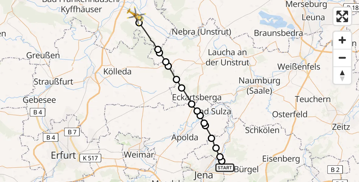 Flugroute Rettungshubschrauber Jena - Gehofen, 04 Mai 2026, 08:06