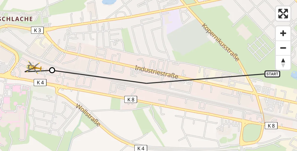Flugroute Rettungshubschrauber Ludwigshafen am Rhein - Ludwigshafen Accident Hospital Hubschrauberlandeplatz, 04 Mai 2026, 08:07