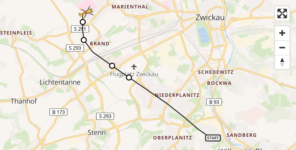 Flugroute Rettungshubschrauber Zwickau - ADAC Air Rescue Station Zwickau Hubschrauberlandeplatz, 04 Mai 2026, 08:08