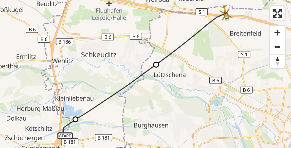 Flugroute Rettungshubschrauber ADAC Air Rescue Station Leipzig/Schkeuditz-Dölzig Hubschrauberlandeplatz (Christoph 61) - Leipzig, 04 Mai 2026, 08:08