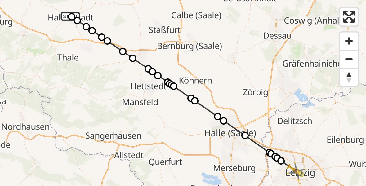 Flugroute Rettungshubschrauber AMEOS Hospital Sankt Salvator Halberstadt - Leipzig, 04 Mai 2026, 08:09