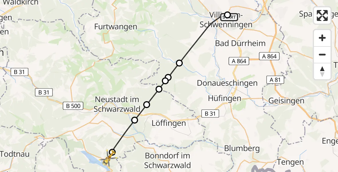 Flugroute Ambulanzhubschrauber DRF Air Rescue Station Villingen-Schwenningen Hubschrauberlandeplatz (Christoph 11) - Schluchsee, 04 Mai 2026, 08:13