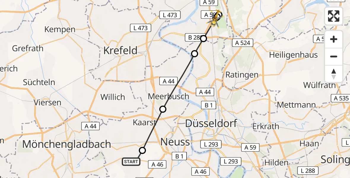 Flugroute Rettungshubschrauber Korschenbroich - Duisburg Air Rescue Hubschrauberlandeplatz (Christoph 9), 04 Mai 2026, 08:16