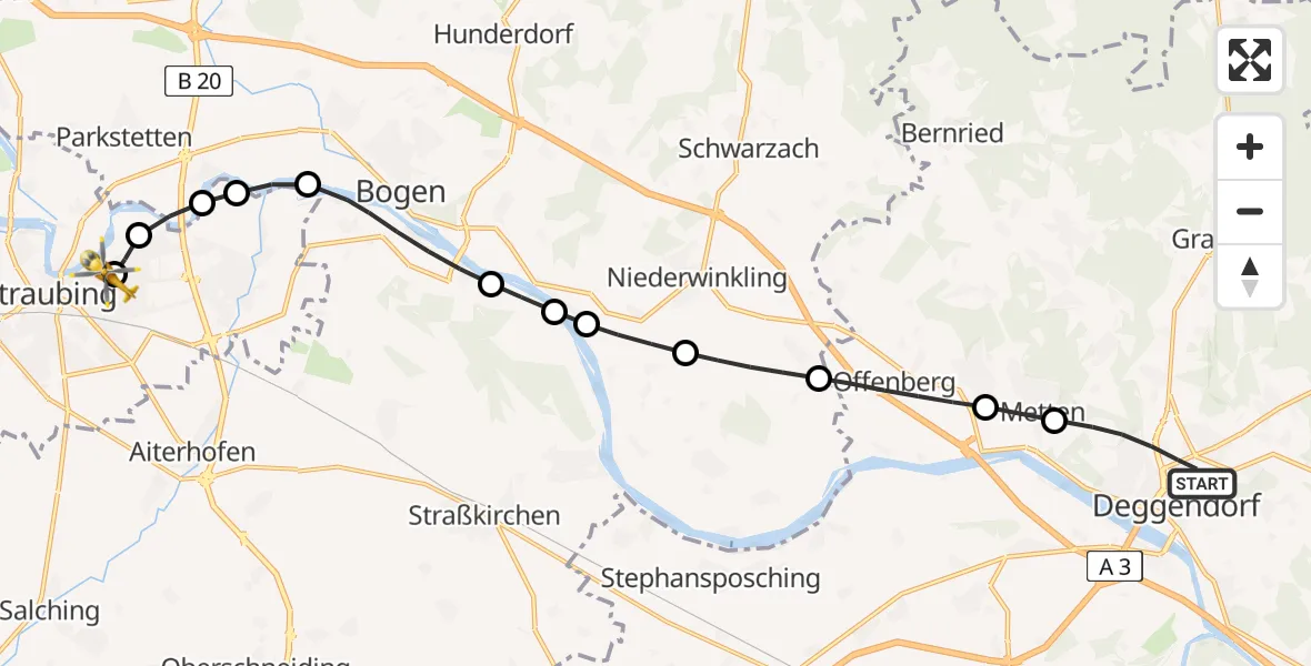 Flugroute Rettungshubschrauber Deggendorf - Sankt Elisabeth Hospital Straubing, 04 Mai 2026, 08:18