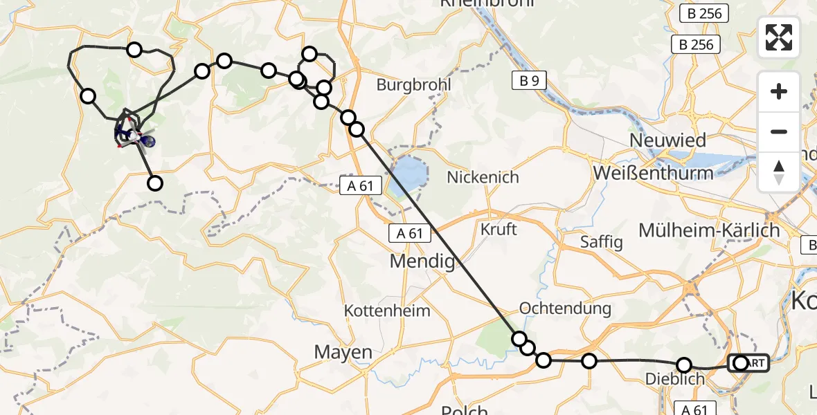 Flugroute Polizeihubschrauber Koblenz-Winningen Flugplatz - Heckenbach, 04 Mai 2026, 08:24