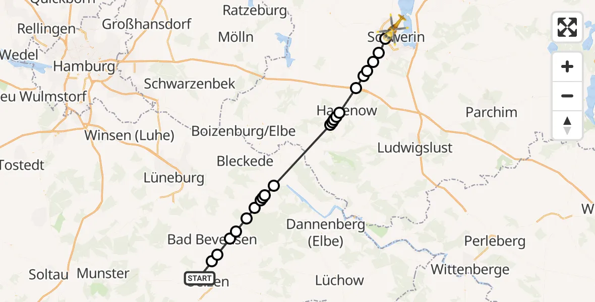 Flugroute Rettungshubschrauber Uelzen - Schwerin, 04 Mai 2026, 08:29