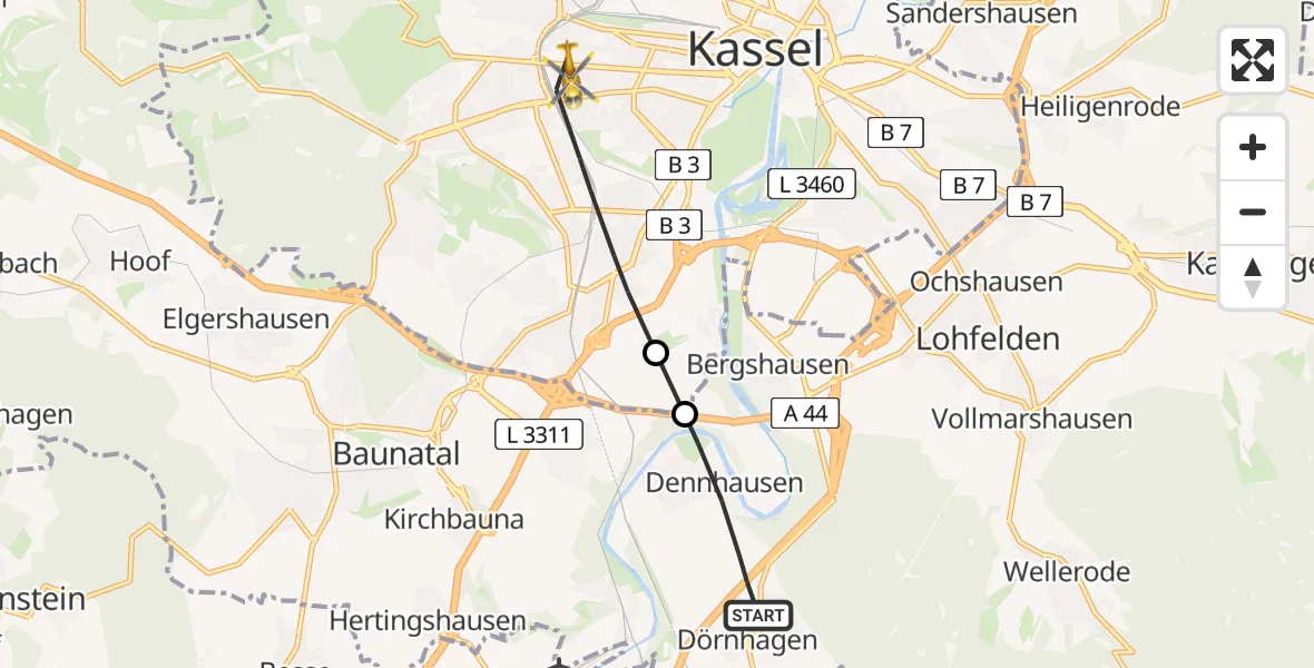 Flugroute Rettungshubschrauber Fuldabrück - Kassel, 04 Mai 2026, 08:30