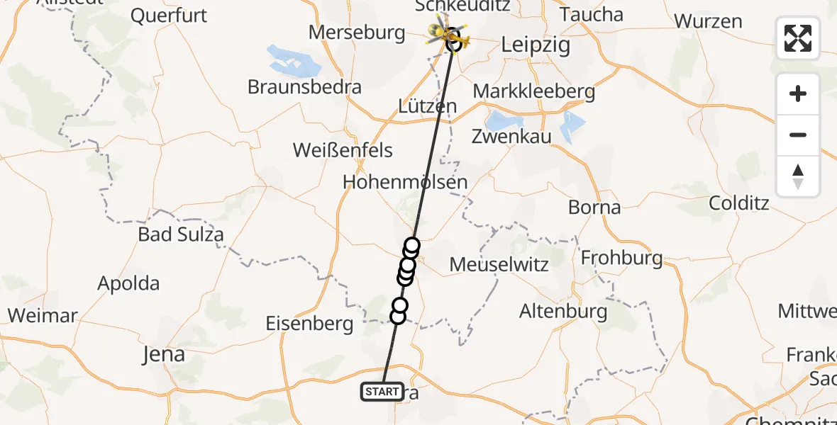 Flugroute Rettungshubschrauber Gera - ADAC Air Rescue Station Leipzig/Schkeuditz-Dölzig Hubschrauberlandeplatz (Christoph 61), 04 Mai 2026, 08:31