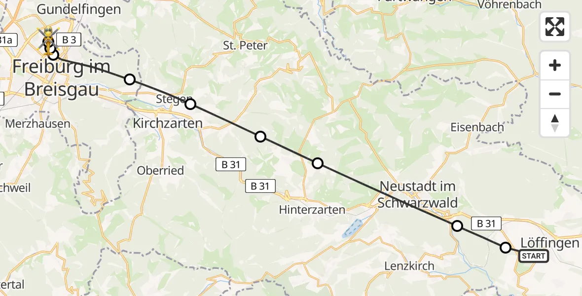 Flugroute Rettungshubschrauber Löffingen - Freiburg im Breisgau Flugplatz, 04 Mai 2026, 08:44
