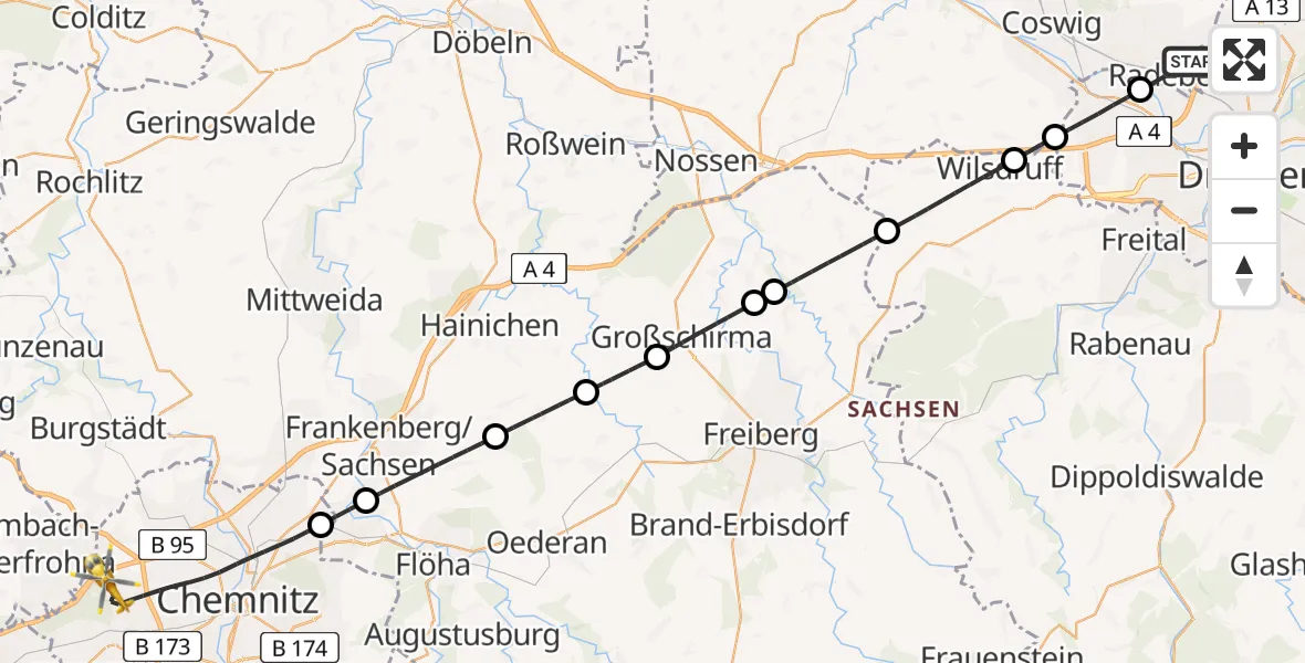 Flugroute Rettungshubschrauber Radebeul - Chemnitz, 04 Mai 2026, 08:44