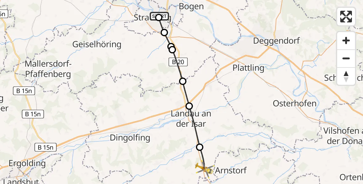 Flugroute Rettungshubschrauber Sankt Elisabeth Hospital Straubing - Simbach, 04 Mai 2026, 08:50