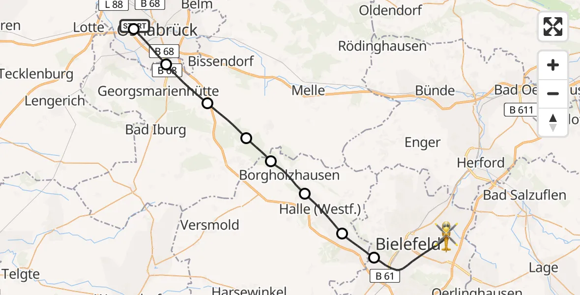 Flugroute Rettungshubschrauber Osnabrück Hospital - Bielefeld, 04 Mai 2026, 08:53