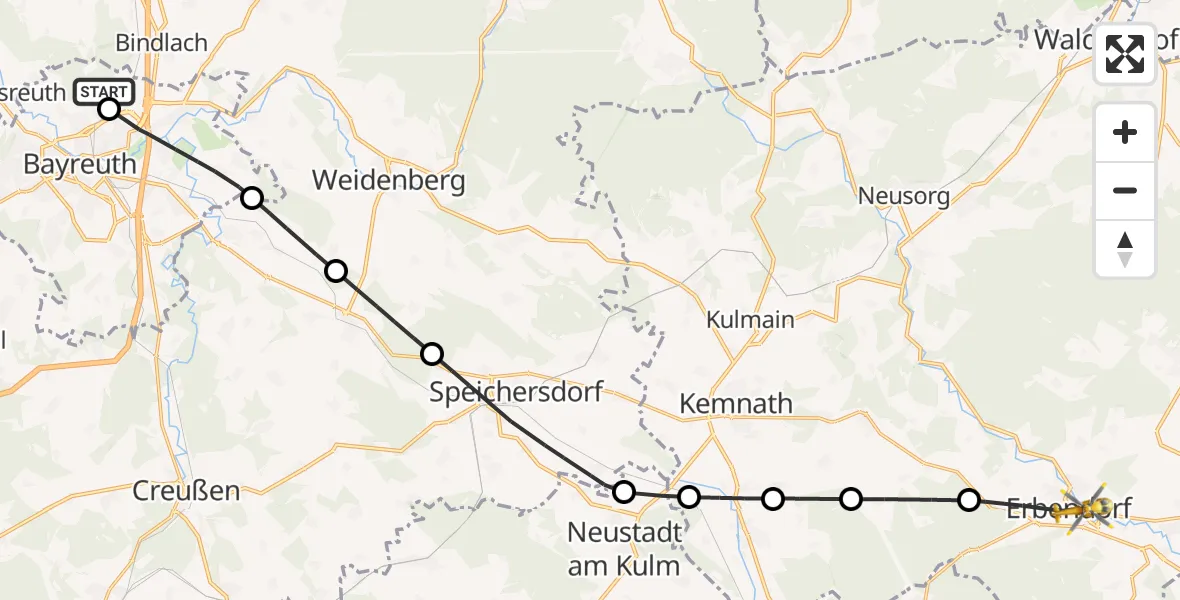 Flugroute Rettungshubschrauber Hohe Warte Hospital - Erbendorf, 04 Mai 2026, 08:55