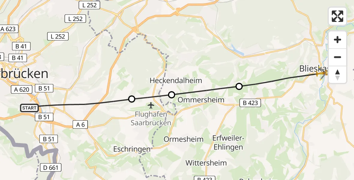 Flugroute Rettungshubschrauber Saarbrücken - Blieskastel, 04 Mai 2026, 08:57